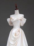 Classy Elegant A Line Off The Shoulder Flowers Satin Long Wedding Dress Brides Dress HZ1214