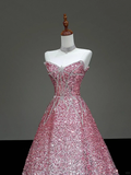 Fairy-tale Ball Gown Sweetheart Sequin Pink Silver Long Prom Dresses Evening Dresses HZ1214