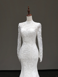 Vintage Mermaid High Neckline White Long Sleeves Lace Wedding Dress Elegant Brides Dress HZ1214