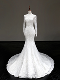 Vintage Mermaid High Neckline White Long Sleeves Lace Wedding Dress Elegant Brides Dress HZ1214