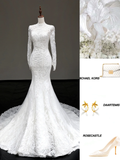 Vintage Mermaid High Neckline White Long Sleeves Lace Wedding Dress Elegant Brides Dress HZ1214
