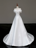 Classy Elegant A Line Off The Shoulder White Satin Long Wedding Dress Brides Dress HZ1214