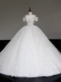 Luxury Ball Gown Wedding Dresses Off The Shoulder Short Sleeves Lace Wedding Dress With Train HZ1214