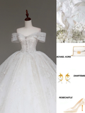 Luxury Ball Gown Wedding Dresses Off The Shoulder Short Sleeves Lace Wedding Dress With Train HZ1214