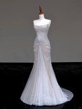 Gorgeous Mermaid Strapless Silver Gray Sequin Long Prom Dresses Graduation Dresses HZ1214