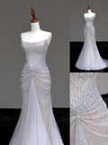 Gorgeous Mermaid Strapless Silver Gray Sequin Long Prom Dresses Graduation Dresses HZ1214