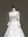 Classy Elegant A Line Off The Shoulder White Lace Long Sleeves Wedding Dress Brides Dress HZ1214