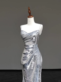 Gorgeous Mermaid Spaghetti Straps Silver Gray Sequin Long Prom Dresses Graduation Dresses HZ1214