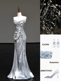 Gorgeous Mermaid Spaghetti Straps Silver Gray Sequin Long Prom Dresses Graduation Dresses HZ1214