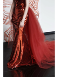 Gorgeous Mermaid Strapless Burgundy Sequin Long Prom Dresses Graduation Dresses HZ1214
