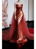 Gorgeous Mermaid Strapless Burgundy Sequin Long Prom Dresses Graduation Dresses HZ1214