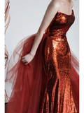 Gorgeous Mermaid Strapless Burgundy Sequin Long Prom Dresses Graduation Dresses HZ1214