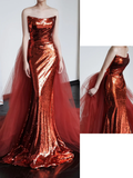 Gorgeous Mermaid Strapless Burgundy Sequin Long Prom Dresses Graduation Dresses HZ1214