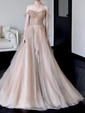 Gorgeous Ball Gown Off The Shoulder Champagne Tulle Long Prom Dresses Graduation Dresses HZ1214