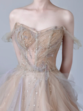 Gorgeous Ball Gown Off The Shoulder Champagne Tulle Long Prom Dresses Graduation Dresses HZ1214