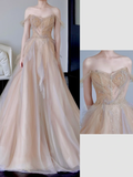 Gorgeous Ball Gown Off The Shoulder Champagne Tulle Long Prom Dresses Graduation Dresses HZ1214