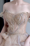 Gorgeous Ball Gown Off The Shoulder Champagne Tulle Long Prom Dresses Graduation Dresses HZ1214