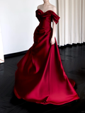 Gorgeous Mermaid Off The Shoulder Burgundy Satin Long Prom Dresses Graduation Dresses HZ1214