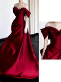 Gorgeous Mermaid Off The Shoulder Burgundy Satin Long Prom Dresses Graduation Dresses HZ1214