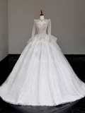 Unique Bridal Gown Ball Gown High Neckline Long Sleeves White Lace Wedding Dresses Bridal Gowns HZ1214