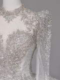 Unique Bridal Gown Ball Gown High Neckline Long Sleeves White Lace Wedding Dresses Bridal Gowns HZ1214