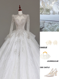 Unique Bridal Gown Ball Gown High Neckline Long Sleeves White Lace Wedding Dresses Bridal Gowns HZ1214