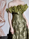 Gorgeous A line Strapless Green Satin Long Prom Dresses Graduation Dresses HZ1214