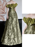 Gorgeous A line Strapless Green Satin Long Prom Dresses Graduation Dresses HZ1214