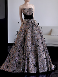Gorgeous Ball Gown Strapless Black Sequin Long Prom Dresses Graduation Dresses HZ1214