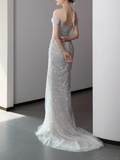 Gorgeous Mermaid Off The Shoulder Silver Gray Sequin Long Prom Dresses Graduation Dresses HZ1214