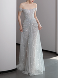 Gorgeous Mermaid Off The Shoulder Silver Gray Sequin Long Prom Dresses Graduation Dresses HZ1214