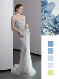 Gorgeous Mermaid Off The Shoulder Silver Gray Sequin Long Prom Dresses Graduation Dresses HZ1214