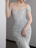 Gorgeous Mermaid Off The Shoulder Silver Gray Sequin Long Prom Dresses Graduation Dresses HZ1214