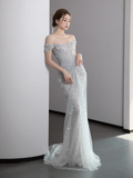 Gorgeous Mermaid Off The Shoulder Silver Gray Sequin Long Prom Dresses Graduation Dresses HZ1214