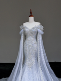 Classy Elegant Mermaid Off The Shoulder Sequin Blue Long Sleeves Wedding Dress Brides Dress HZ1214