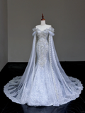 Classy Elegant Mermaid Off The Shoulder Sequin Blue Long Sleeves Wedding Dress Brides Dress HZ1214