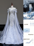 Classy Elegant Mermaid Off The Shoulder Sequin Blue Long Sleeves Wedding Dress Brides Dress HZ1214