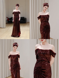 Gorgeous Mermaid Off The Shoulder Burgundy Sequin Long Prom Dresses Graduation Dresses HZ1214