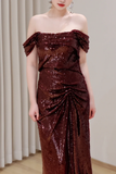 Gorgeous Mermaid Off The Shoulder Burgundy Sequin Long Prom Dresses Graduation Dresses HZ1214