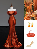 Gorgeous Mermaid Off The Shoulder Rust Red Sequin Long Prom Dresses Graduation Dresses HZ1214