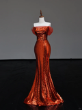 Gorgeous Mermaid Off The Shoulder Rust Red Sequin Long Prom Dresses Graduation Dresses HZ1214