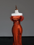 Gorgeous Mermaid Off The Shoulder Rust Red Sequin Long Prom Dresses Graduation Dresses HZ1214