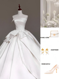 Unique Bridal Gown Ball Gown Strapless Pearls White Satin Wedding Dresses Bridal Gowns HZ1214