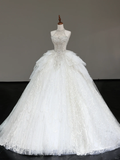 Unique Bridal Gown Ball Gown High Neckline Sleeveless White Sequin Wedding Dresses Bridal Gowns HZ1214