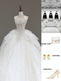 Unique Bridal Gown Ball Gown High Neckline Sleeveless White Sequin Wedding Dresses Bridal Gowns HZ1214