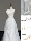 Unique Bridal Gown Mermaid Strapless White Satin Wedding Dresses Slit Bridal Gowns HZ1214