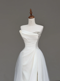 Unique Bridal Gown Mermaid Strapless White Satin Wedding Dresses Slit Bridal Gowns HZ1214