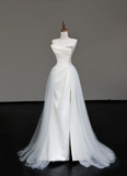Unique Bridal Gown Mermaid Strapless White Satin Wedding Dresses Slit Bridal Gowns HZ1214