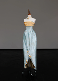 Gorgeous A Line Strapless Satin Blue Long Prom Dresses Graduation Dresses HZ1214