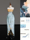 Gorgeous A Line Strapless Satin Blue Long Prom Dresses Graduation Dresses HZ1214
